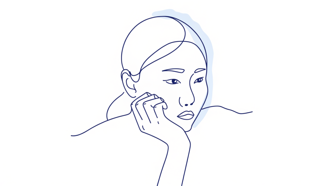 턱을 괴고 의심스러운 표정을 짓는 여성 라인아트