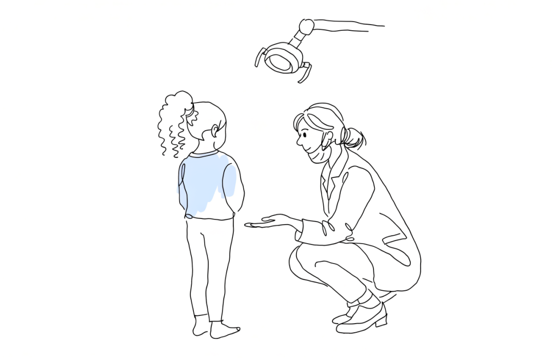 아이에게 눈높이를 맞추고 웃는 치과의사 라인아트