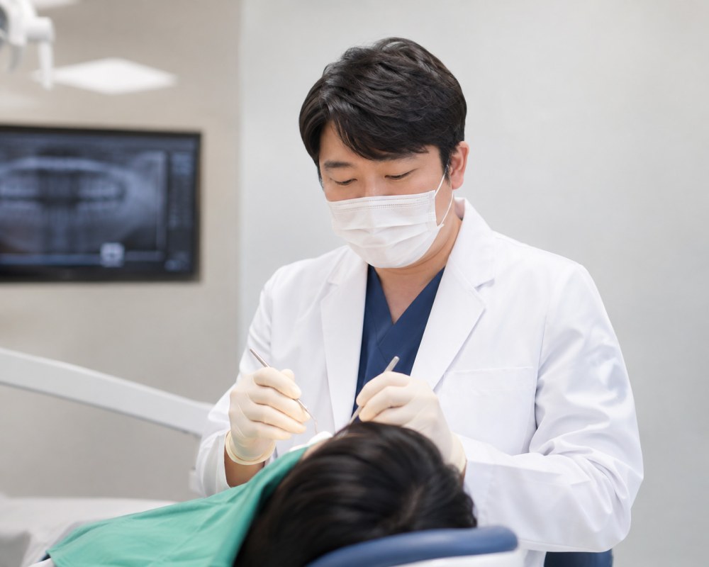 부원뉴욕치과병원 최유성 원장이 진료실에서 환자의 사랑니 상태를 살펴보는 모습
